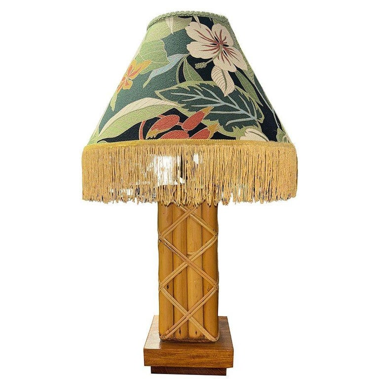 Restored Modernist Lattice Wrapped Rattan Table Lamp w/ Lamp Shade