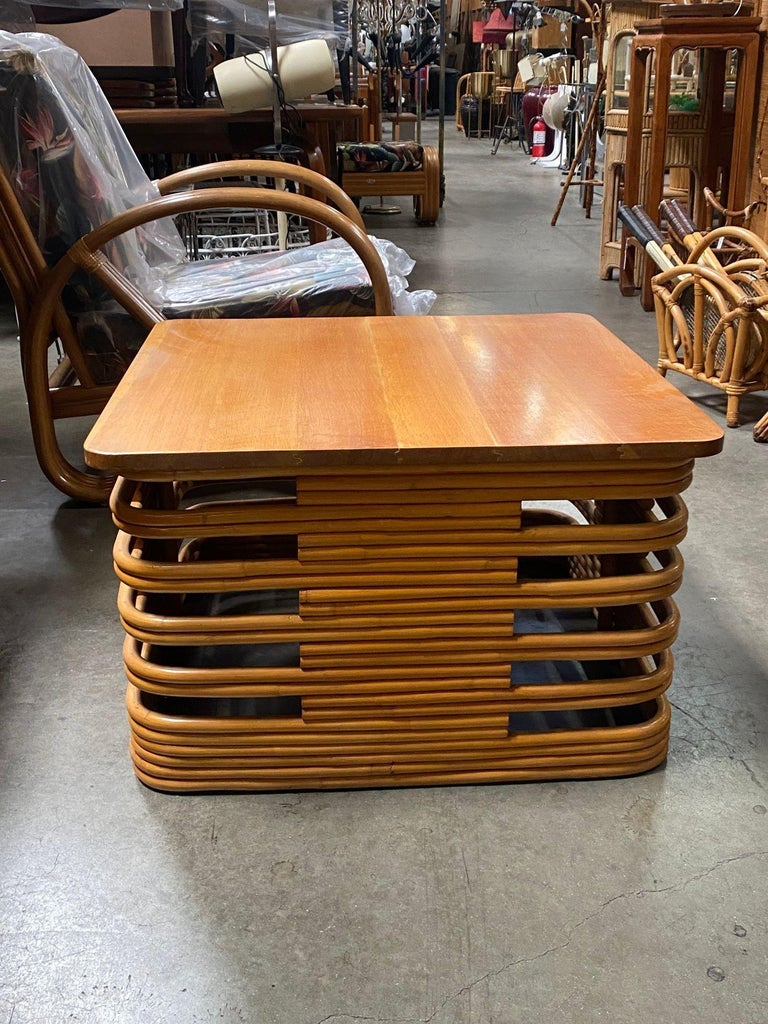 Restored Tall Stacked Rattan Coffee Table with Mahogany Top