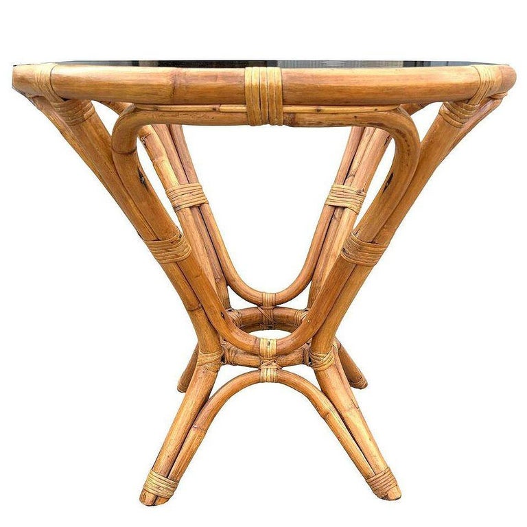 Restored MCM Modernist Rattan Hourglass Round End Table w/ Glass Top