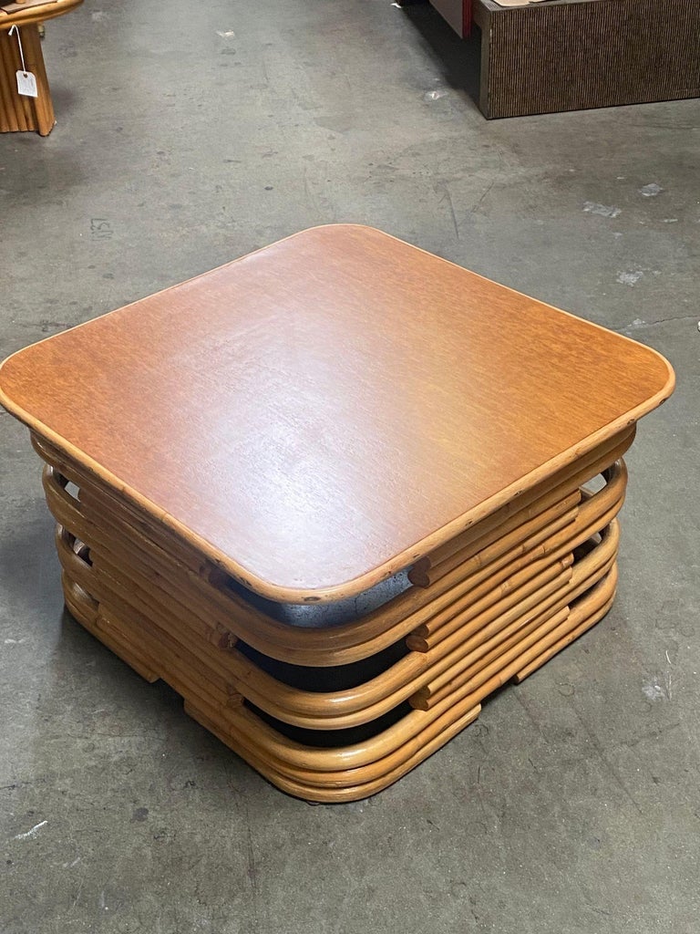 Restored 1940's Stacked Rattan Coffee Table w/ Rattan Wrapped Mahogany Top
