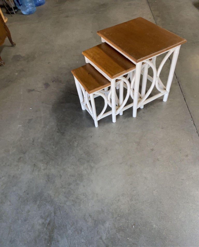 Mid-Century Set of 3 Whited Rattan Nesting Side Tables w/ Mahogany Top