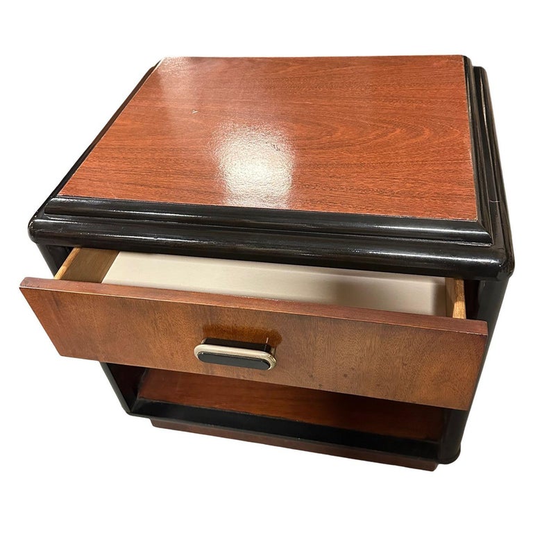 Pair of Two Toned Art Deco Cherry Wood & Lacquer Bedside Tables w/ Stepped Top
