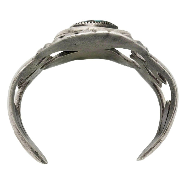 Mid-century Sterling Silver Navajo Cuff Bracelet w/ Bisbee Blue Turquoise Stone