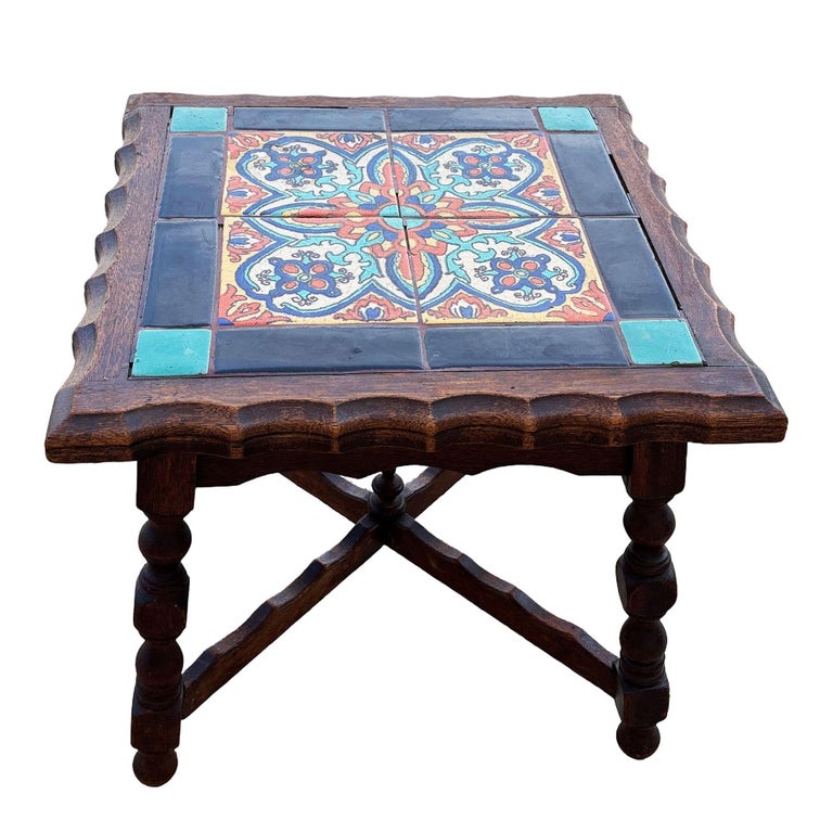 1930 Spanish Style Sculpted Dark Stained Mahogany Side Table w/ Taylor Tile-Top