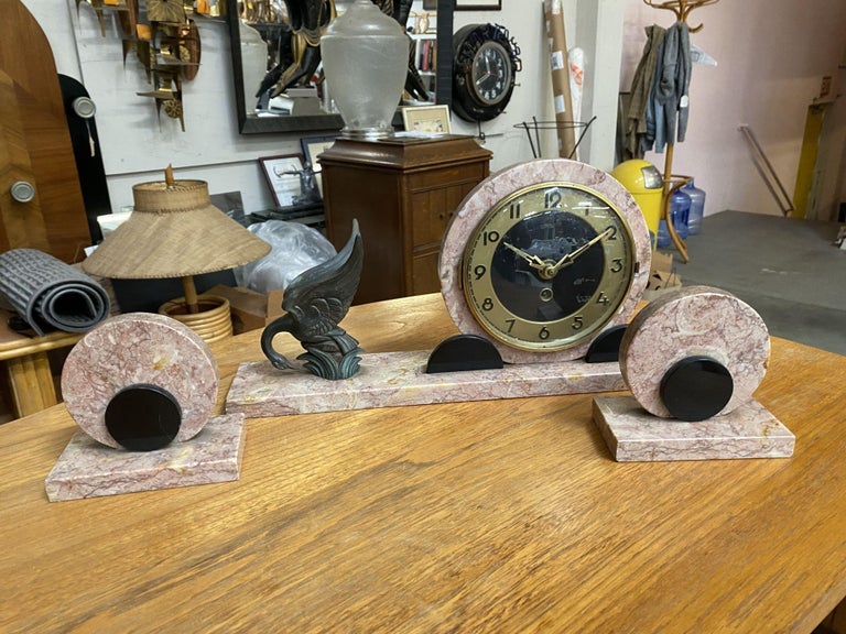 French Art Deco UCRA Bronze Swan Marble Mantle Garniture Clock Set by Marefbay