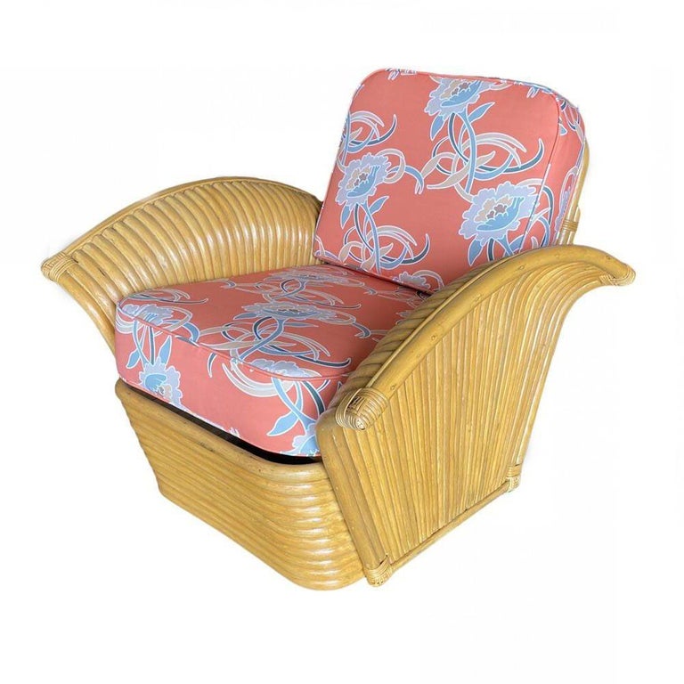 Restored Pair of "Golden Girls" Art Deco Rattan Fan Arm Lounge Chairs