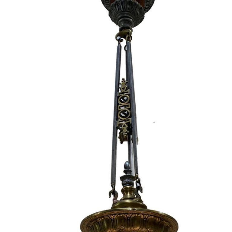 Art Deco Brass Ceiling Pendant w/ Stepped Blue Glass Deco Globe, Set of 4