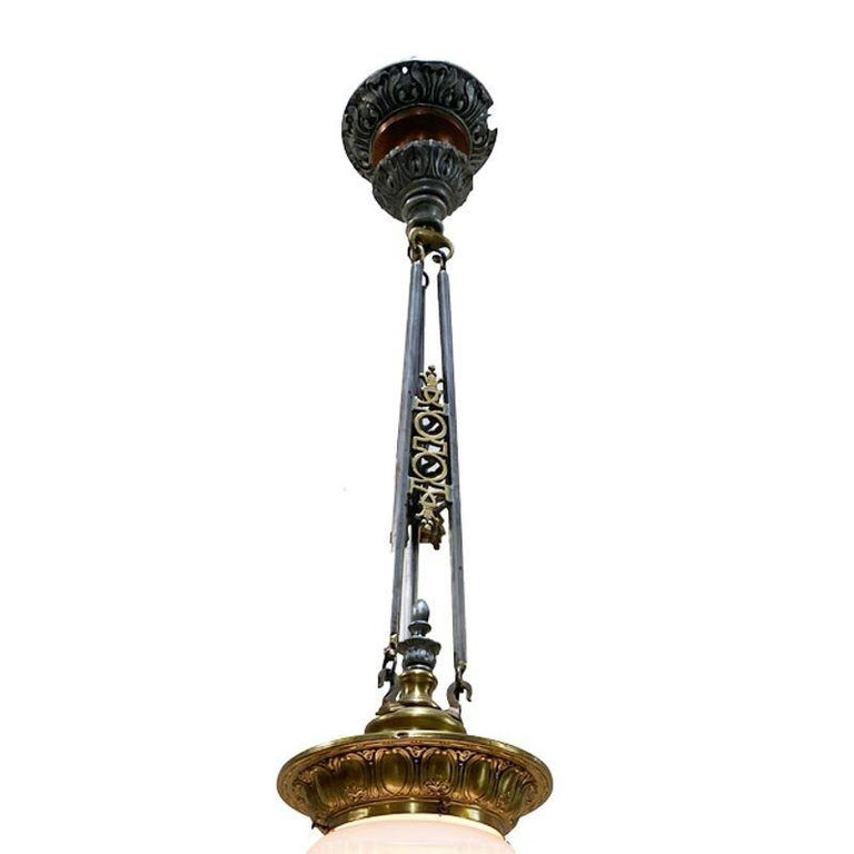 Art Deco Bronze Electric Ceiling Pendant with Stepped Glass Globe