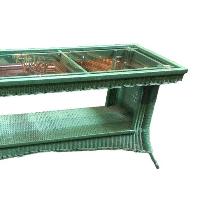 Restored Mid Century Green Woven Wicker TV Stand/Console Table w/ Glass Top