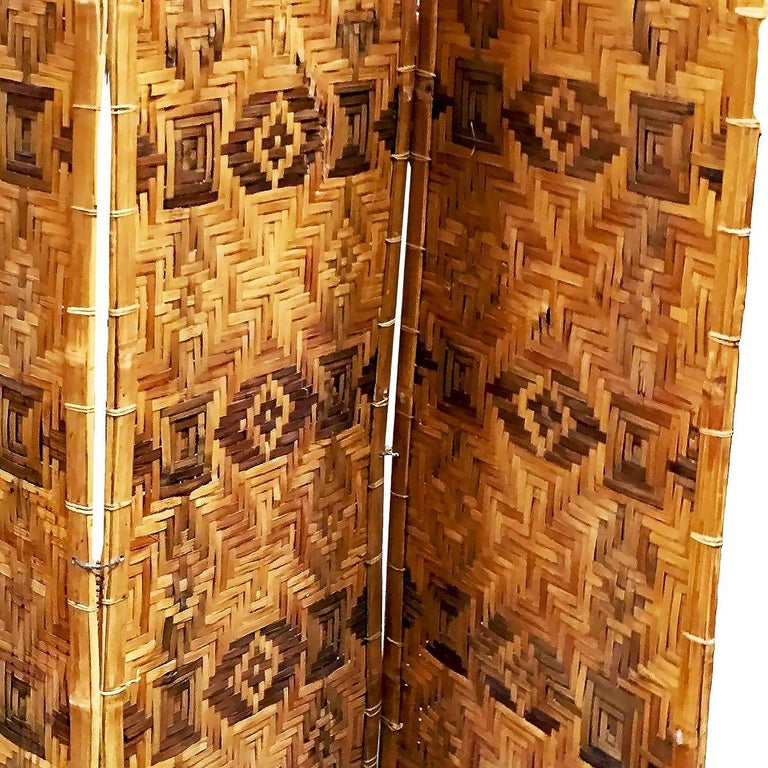 Restored Bamboo & Woven Wicker 4 Panel Folding Screen , 1920