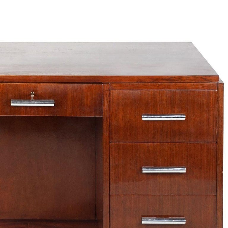 1930s Restored French Art Deco Mahogany and Chrome Executive Desk w/ Bookshelves