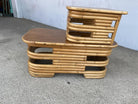 Restored Two-Tier Stacked Rattan Side Table with Mahogany Tops, Pair