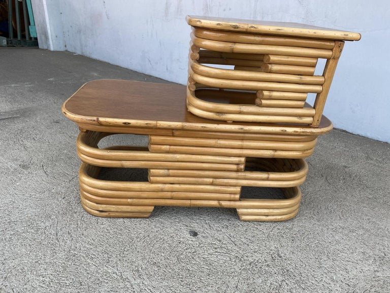 Restored Two-Tier Stacked Rattan Side Table with Mahogany Tops, Pair