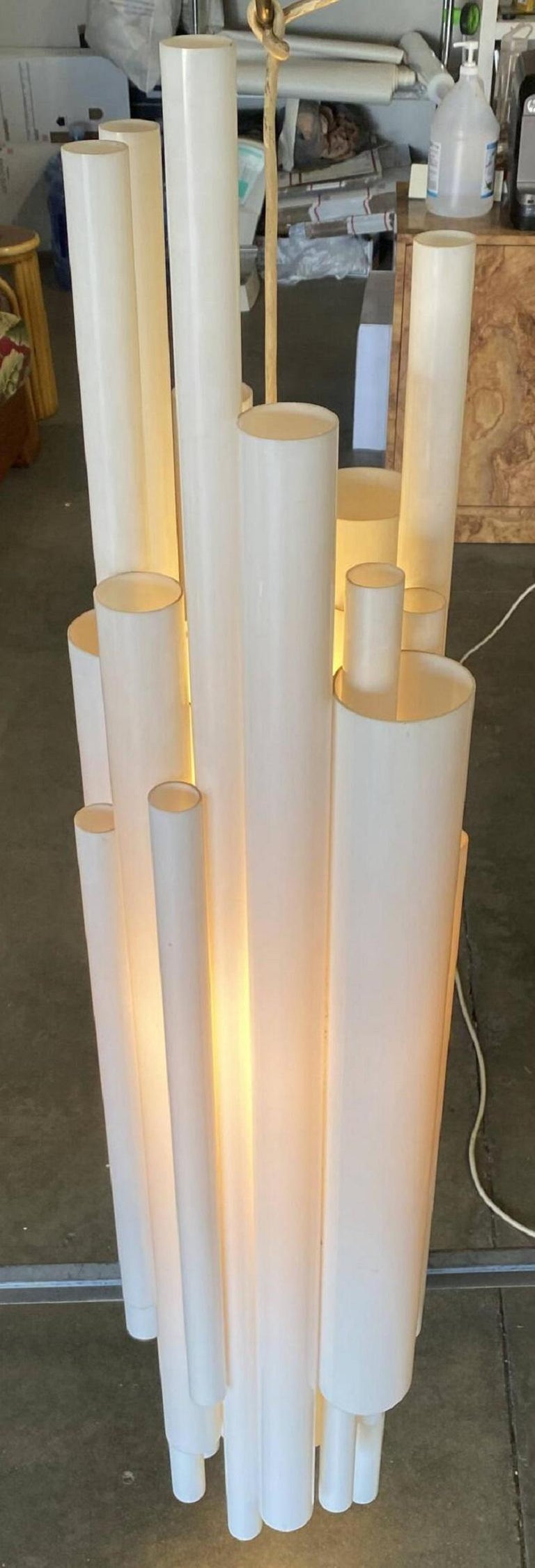 Modernist White Lucite Stacked Tube Chandelier by Rougier, Circa 1970s