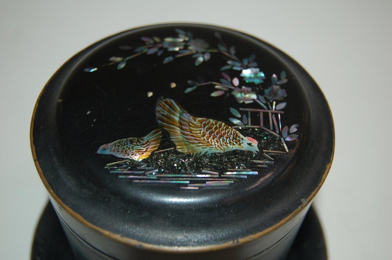 Vintage Post War Japanese Black Aboloni Round Tea Caddie Canister