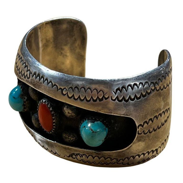 Vintage Navajo KY Sterling Silver Turquoise Coral Cuff Bracelet