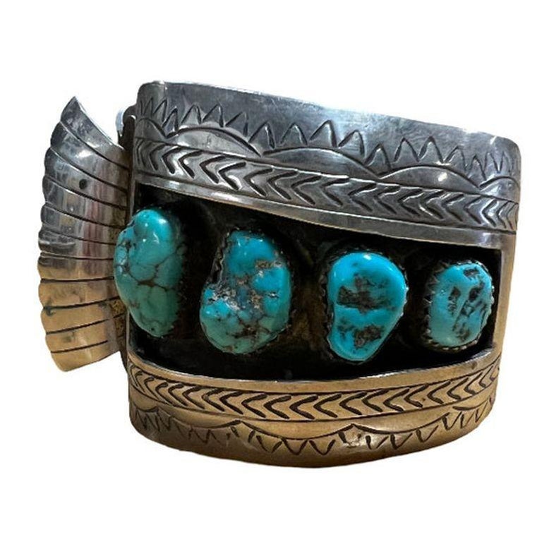Silver Navajo Watchband Cuff w/ Bisbee Torqouise, Hyson Craig Style