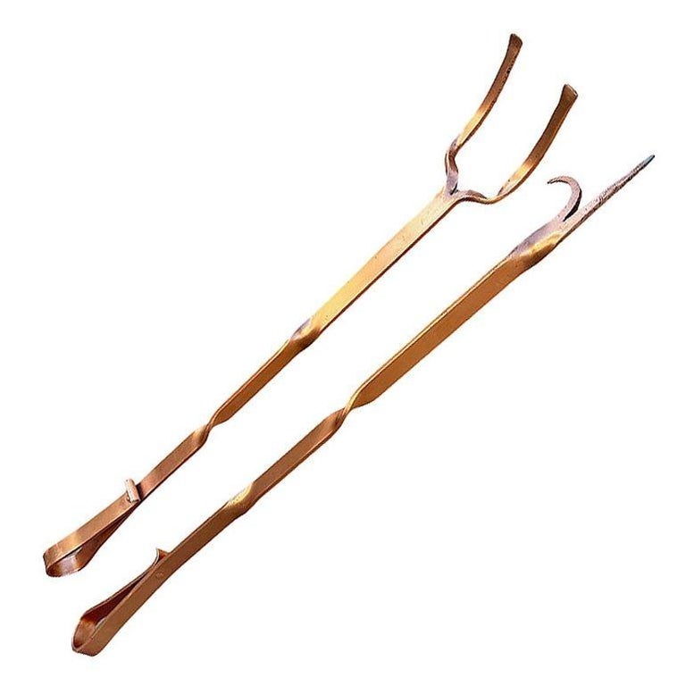Solid Copper Art Deco Fireplace Poker and Tongs Tools