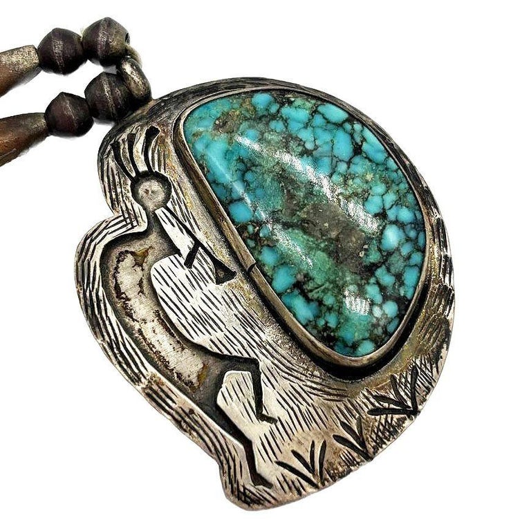 South Western Navajo Kokopelli Sterling Silver Necklace w/ Large Turquoise Stone