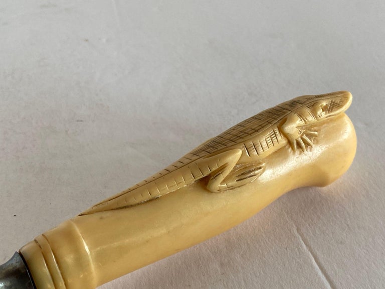 19th Century Hand-Carved Bone Alligator Handled Culinary Carving Set