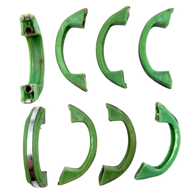 Art Deco Forest Green Bakelite Drawer Pulls w/ Chrome Strip, Set of 8