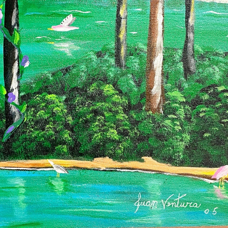 Large Tropical Hawaiian Scenic with Flamingos Oil on Canvas Signed