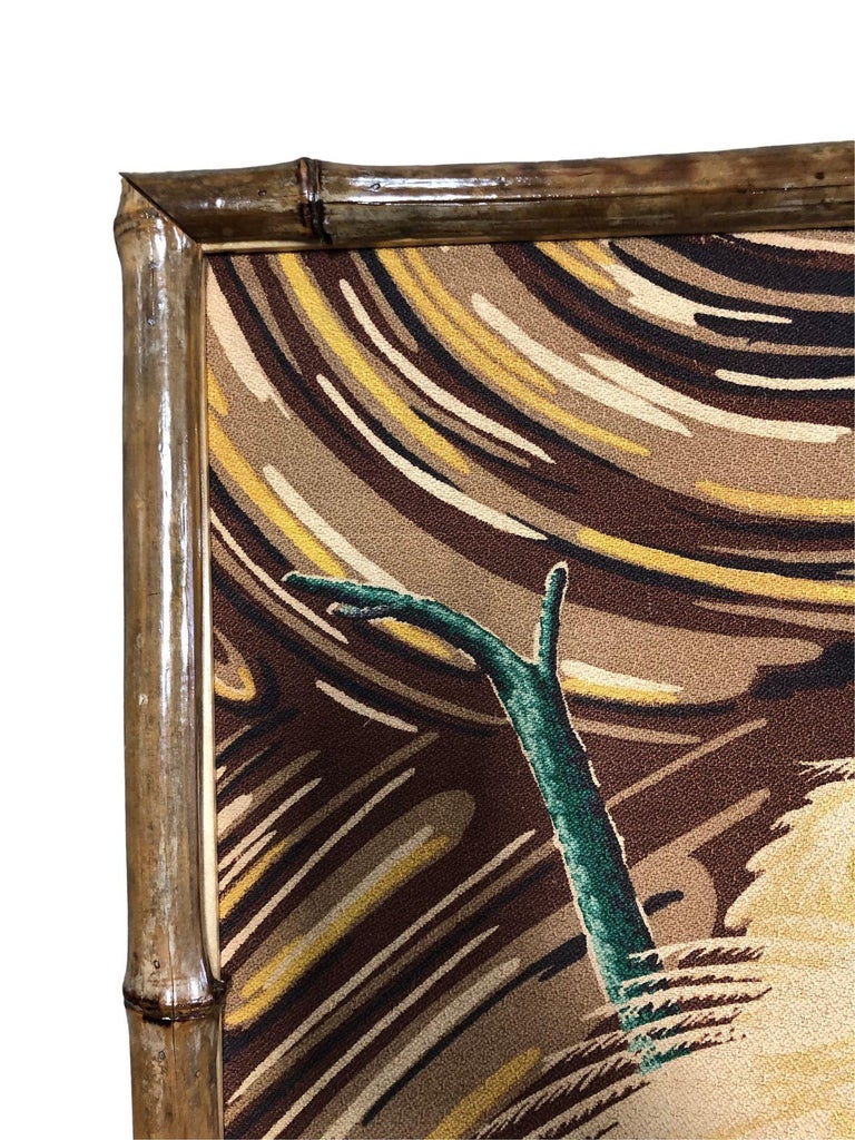 Restored 1949 Rattan Framed Square Crane Bark Cloth Fabric Sample by Spectrum
