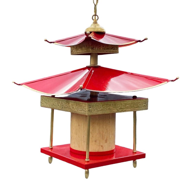 Mid-Century Pagoda Enameled Red Metal & Gold-Tone Tole Chinoiserie Chandelier