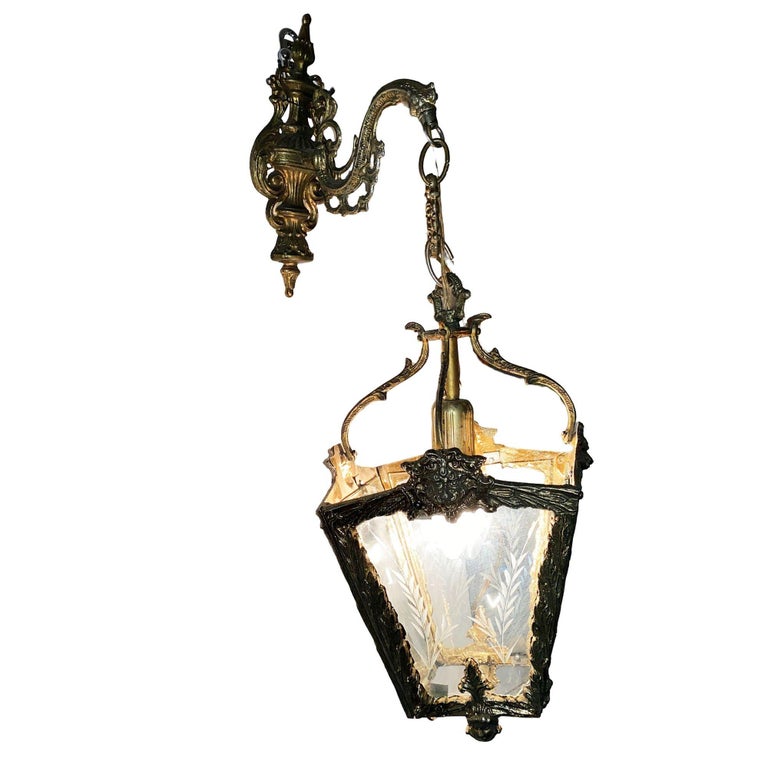 Italian Rococco Style Brass Lantern Hanging Wall Sconce w/ Etched Glass Panels