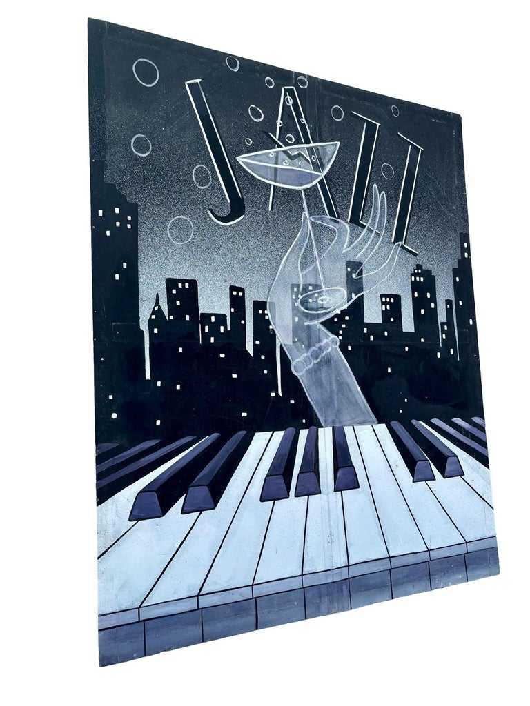 12' Foot Hand Painted Jazz Cityscape Oil on Canvas Screen