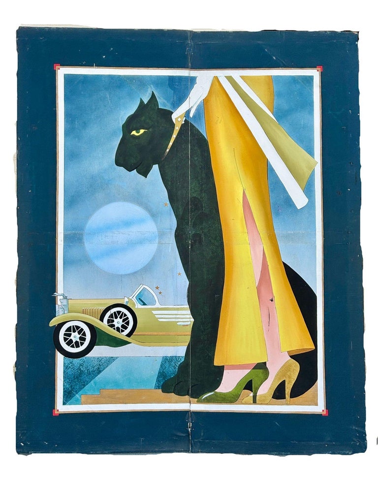 12' Foot Hand Painted Art Deco Damsel & Panther Oil on Canvas Screen