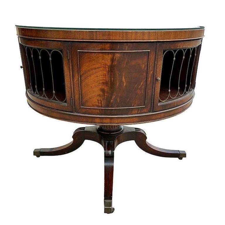 Mahogany & Brass Round Drum Coffee Table w/ Inlaid Leather by Weiman (SIGNED?)