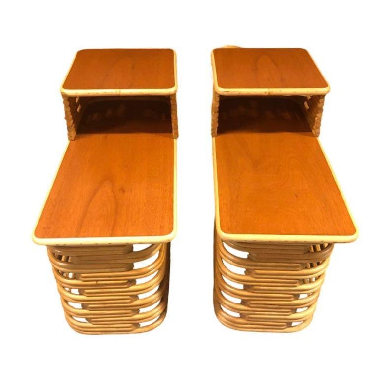 Restored Stacked Rattan & Mahogany Side/Corner Table 3 Piece Set