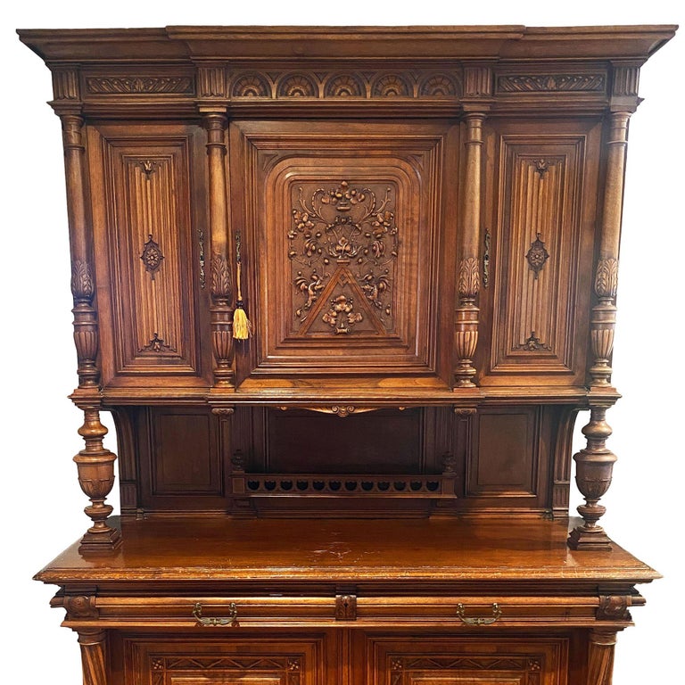 19th Century French Henry II Renaissance Carved Walnut Buffet Sideboard Cabinet