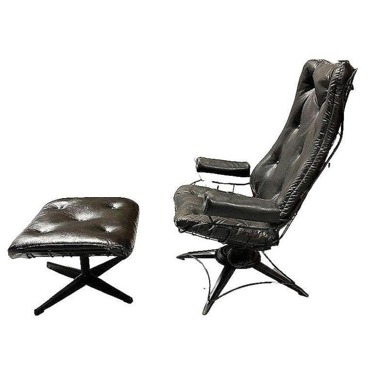 MCM Model 90 "Riviera" Swivel Springer Iron Lounge Chair w/ Ottoman by Homecrest