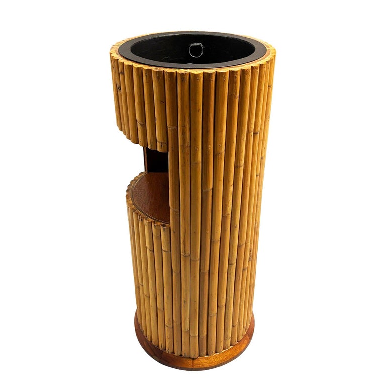 Restored Paul Frankl Style Stacked Rattan Planter Stand w/ Cubby
