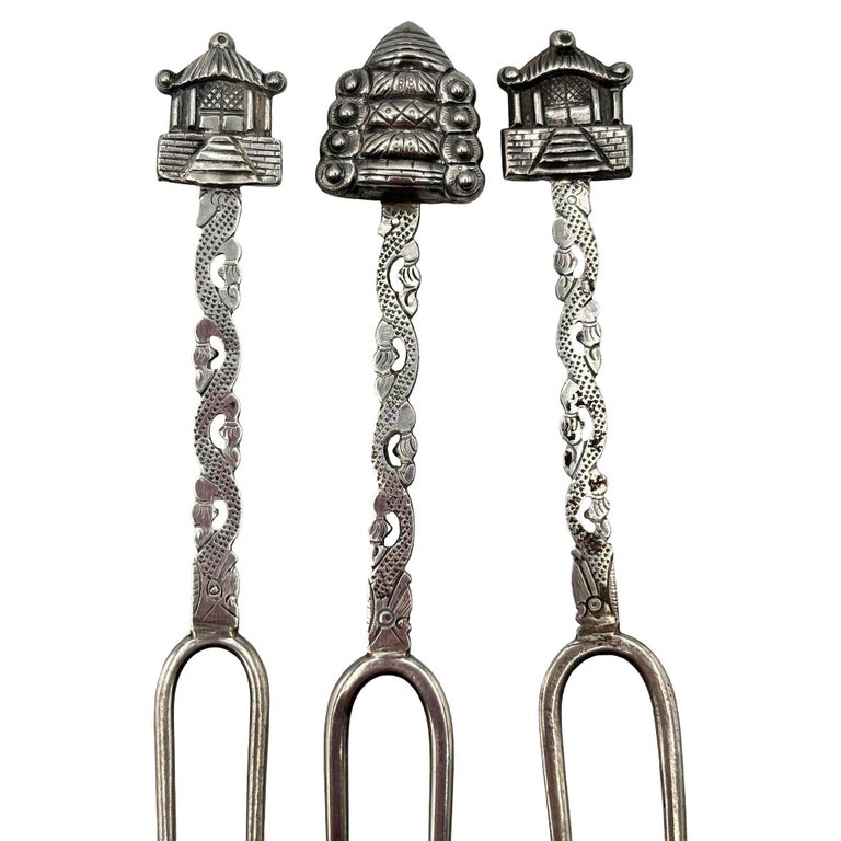 Victorian 1890 Chinese Export Silver Pickle Cocktail Fork, Set of 3