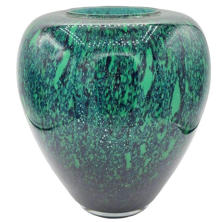 Large Hand-Blown Blue & Emerald Marbled Leaded Art Glass Vase, Unisgned