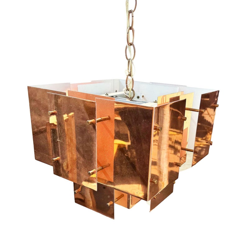 MCM Floating Panel "Cityscape" Brutalist Copper Chandelier By Robert Sonneman