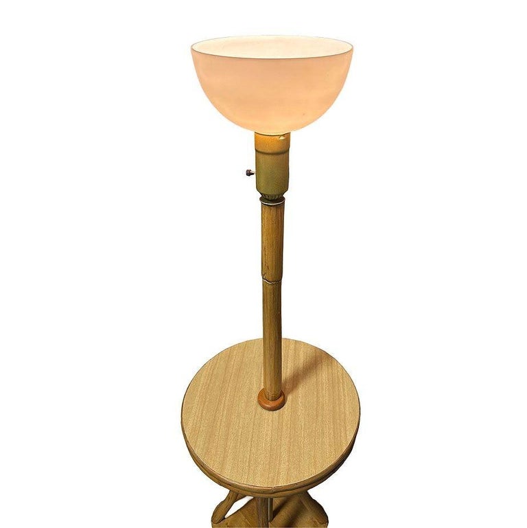 Restored Rattan & Mahogany Hourglass Side Table Torchiere Floor Lamp