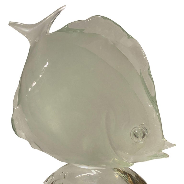 Murano Crystal Glass Angel Fish Sculture On Wave by Licio Zanetti