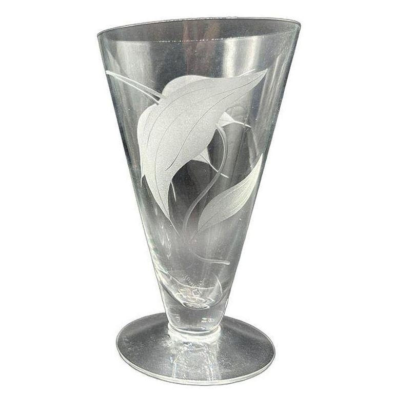 Mid-century Dorothy Thorpe Style Footed Tumbler w/ Etched Tropical Lilies, Pair