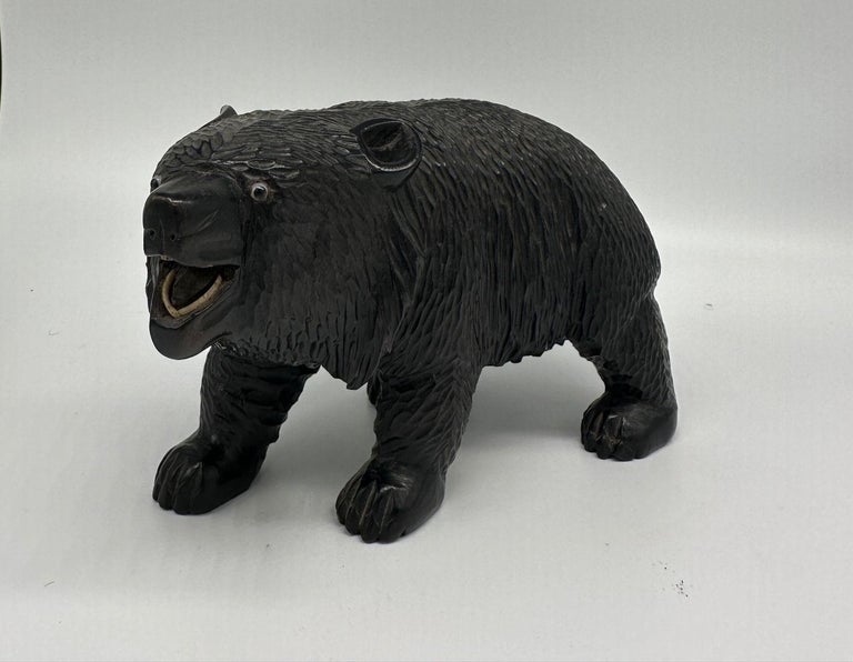 Ainun Black Bear Hand Carved Wood Sculpture with Glass Eyes