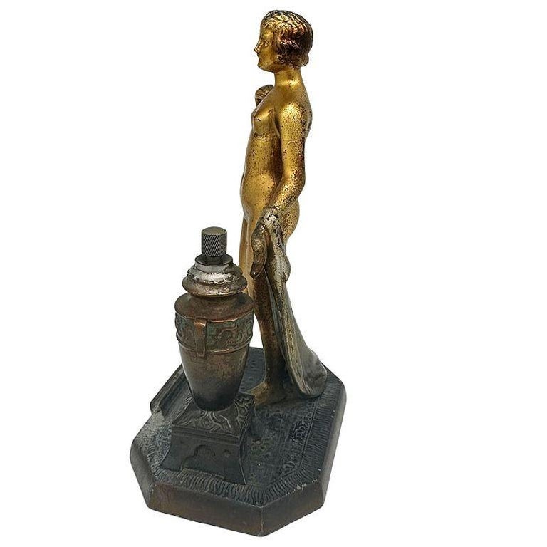 Art Deco Spelter Metal Nude Flapper Goddess Desktop Torch Tip Table Lighter