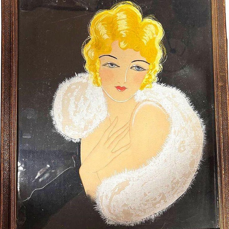 1920 Female Glamour Flapper Portrait Pastel on Black Paper, Framed