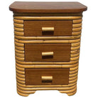 Restored Streamline Art Deco Stacked Rattan Bedside Table W/ Mahogany Top, Pair