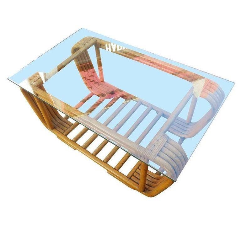 Restored Five Strand Rattan Coffee Table with Floating Glass Top