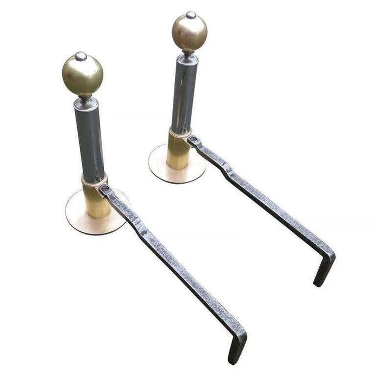 Art Deco Chrome and Brass Geometric Andirons Attributed to Donald Deskey