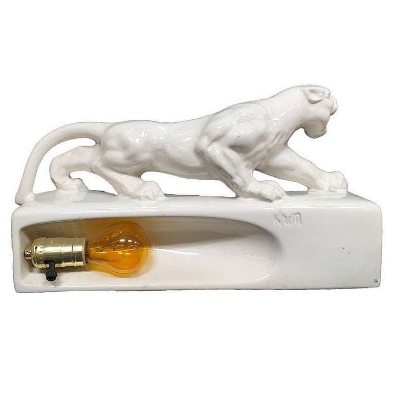 White Ceramic "Sportsman Panther" TV Lamp signed Kron, 1955