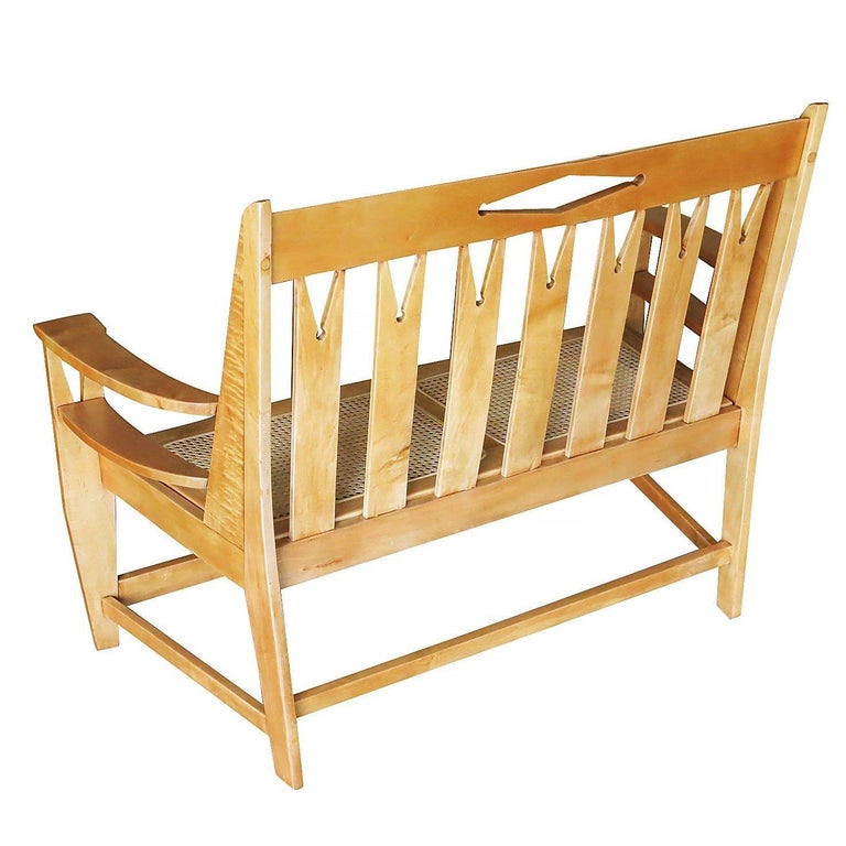 Blonde Wood Sofa with Clothespin Shaped Accents In The Style of Stickley